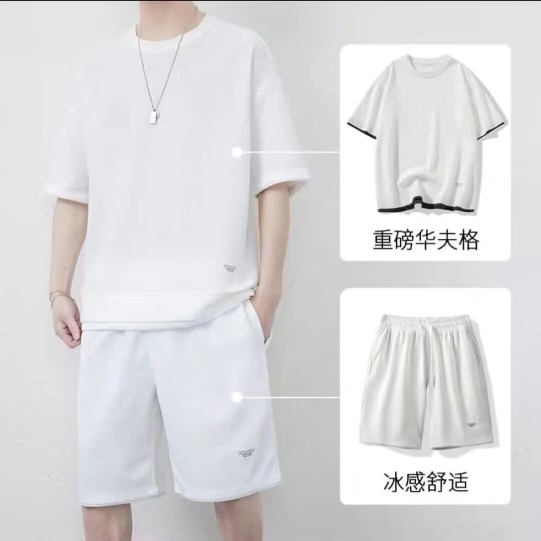 Waffle shorts suit men's summer ice silk short-sleeved men's suit with handsome trendy brand casual sportswear 5