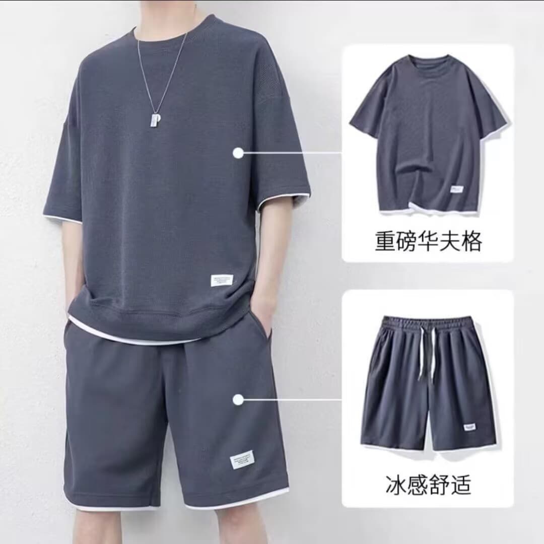 Waffle shorts suit men's summer ice silk short-sleeved men's suit with handsome trendy brand casual sportswear 9