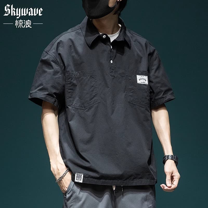Japanese workwear short-sleeved shirt men's summer new loose large size polo shirt top trendy casual men's half-sleeved 2