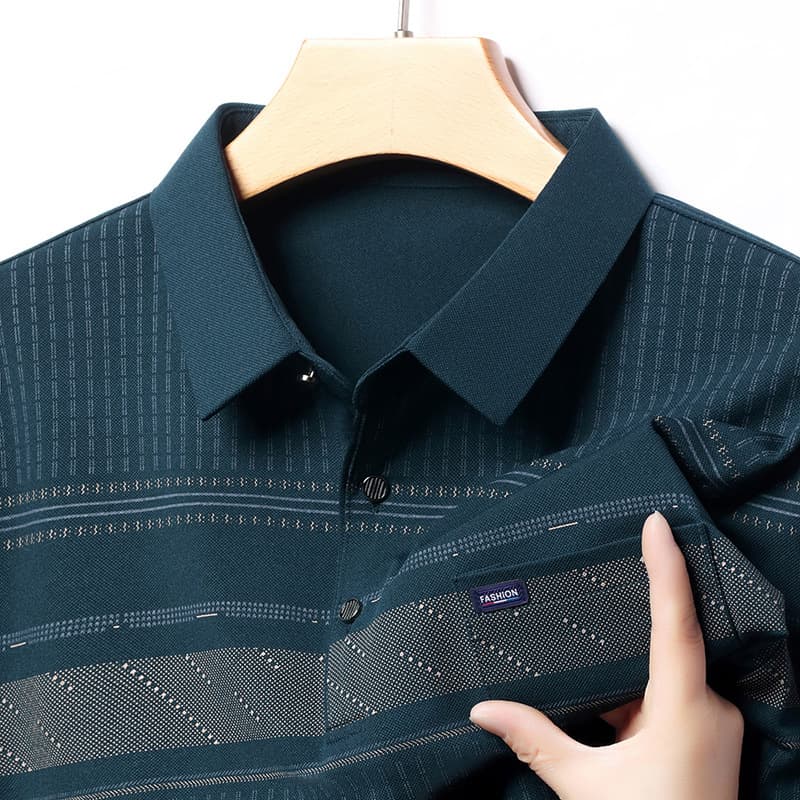 Spring and autumn new daddy tops striped POLO shirts with real pockets long-sleeved loose autumn clothes for middle-aged and elderly men 1
