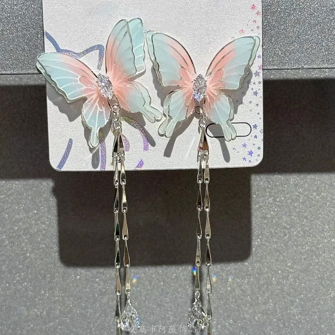 "Dream Love Butterfly" Pearl Cream Blue Butterfly Stud Earring Set Super Fairy Tassel Earrings Perfect for Summer 9