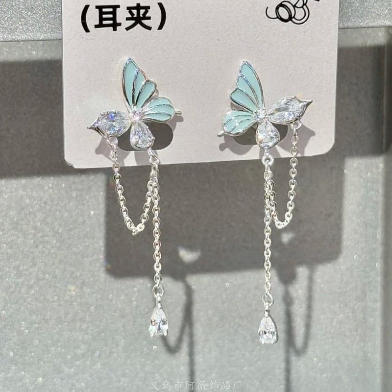 "Dream Love Butterfly" Pearl Cream Blue Butterfly Stud Earring Set Super Fairy Tassel Earrings Perfect for Summer 10