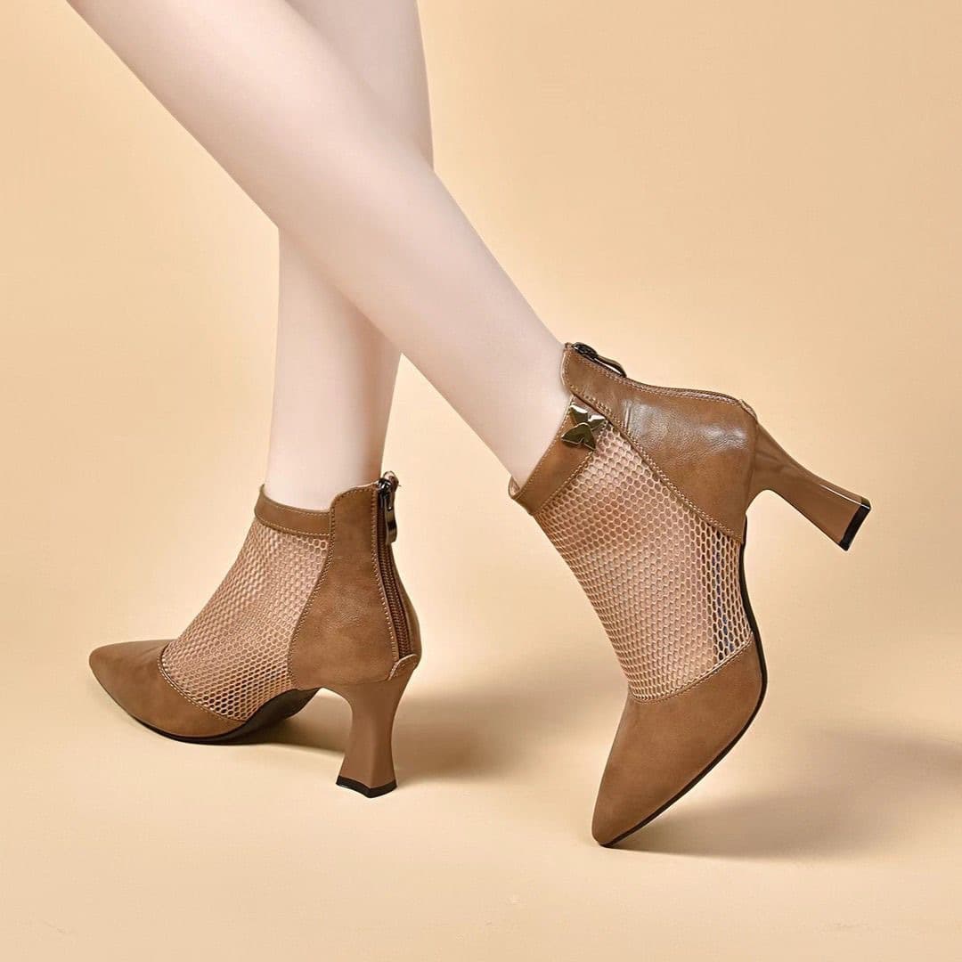Soft leather mesh sandals for women 2025 spring and summer new women's shoes mesh boots sandals high heels hollow short boots mesh leather boots 2