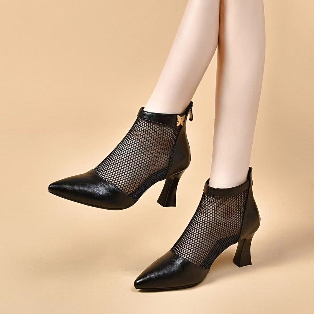 Soft leather mesh sandals for women 2025 spring and summer new women's shoes mesh boots sandals high heels hollow short boots mesh leather boots 3