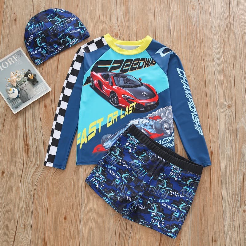 2026 Children's Swimsuit Long Sleeve Boys Swimsuit Split Shorts Racing Print Boys Swimsuit Sun Protection UPF50+ 4