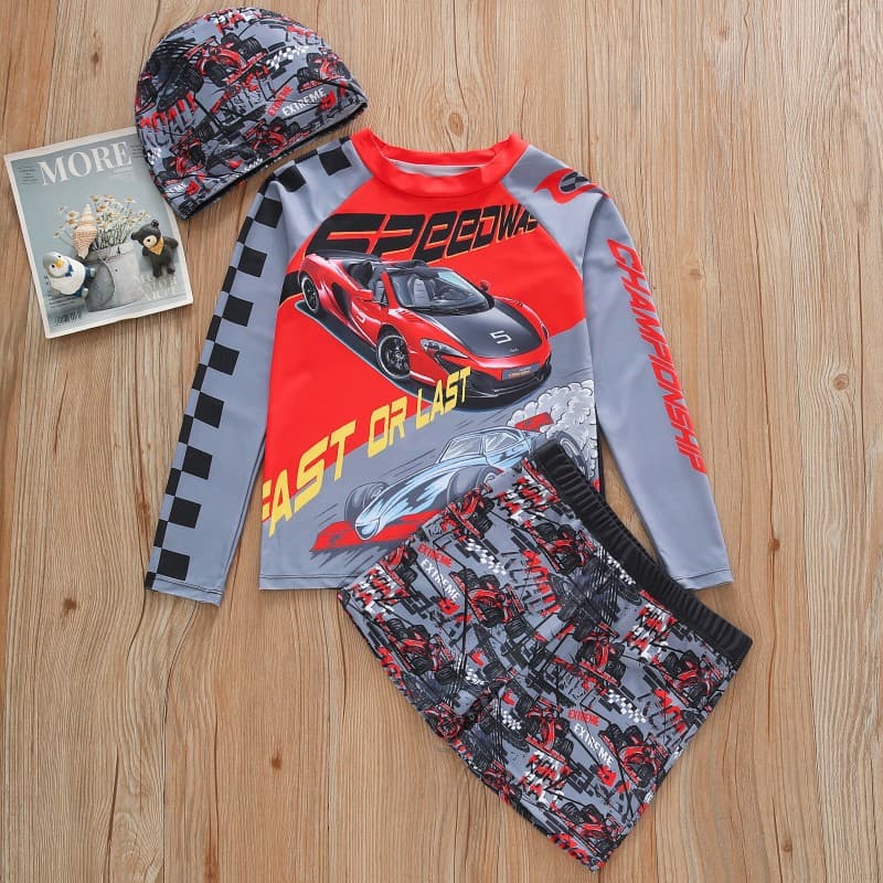2026 Children's Swimsuit Long Sleeve Boys Swimsuit Split Shorts Racing Print Boys Swimsuit Sun Protection UPF50+ 1