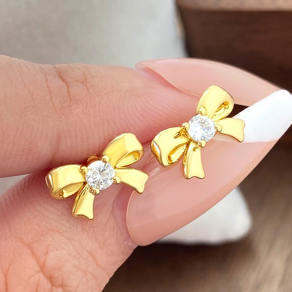 Cross-border wholesale 18k gold-plated zircon bow earrings Thai simple light luxury jewelry versatile and exquisite ins earrings 1