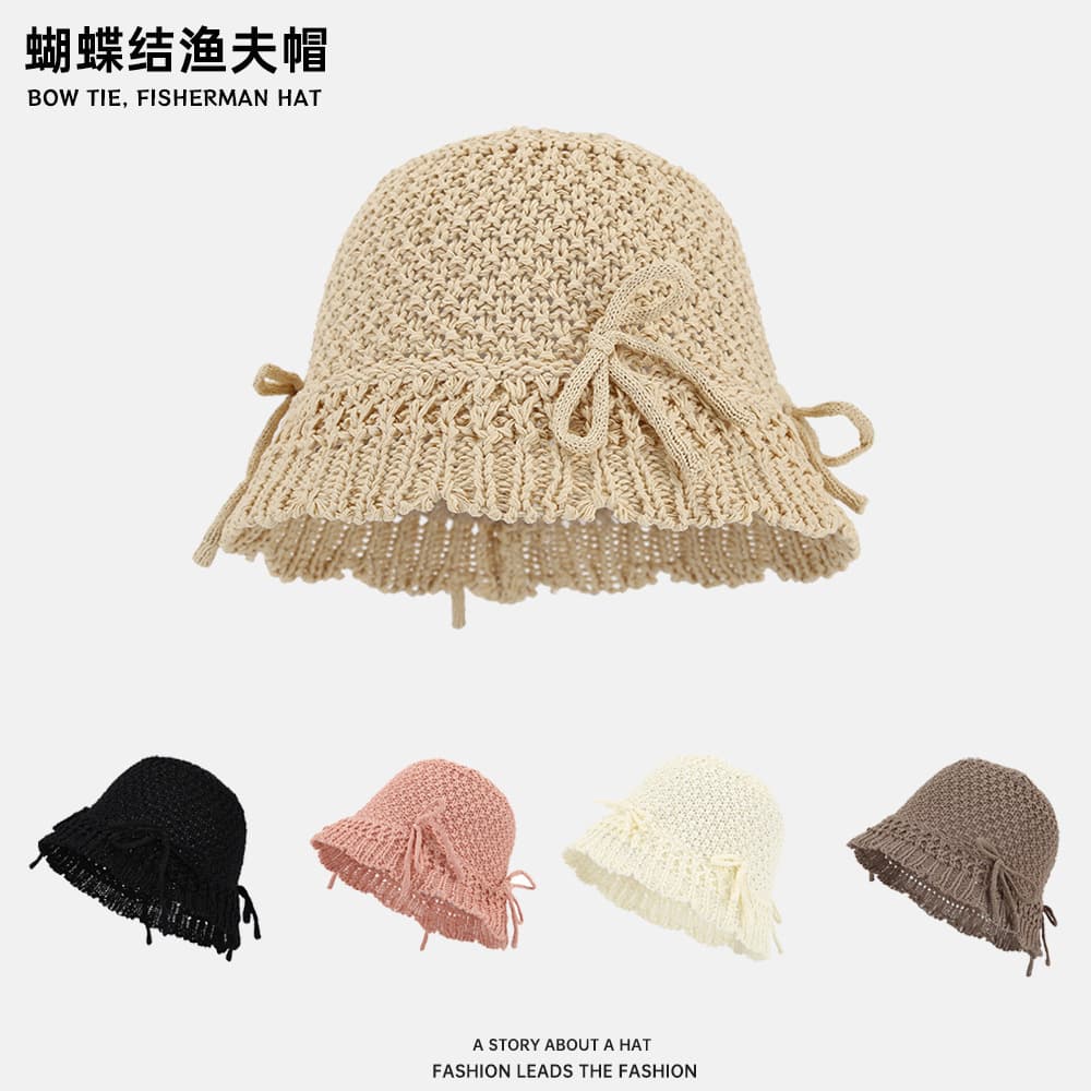 Korean style versatile casual bow accessories knitted hollow bucket hat plain hat sun protection Japanese basin hat
