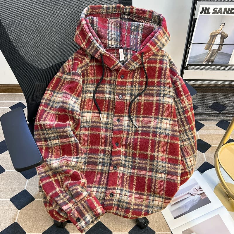 Retro plaid long-sleeved shirt men's American style hooded jacket trendy brand loose high street handsome casual top 2