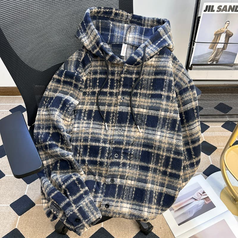 Retro plaid long-sleeved shirt men's American style hooded jacket trendy brand loose high street handsome casual top 3
