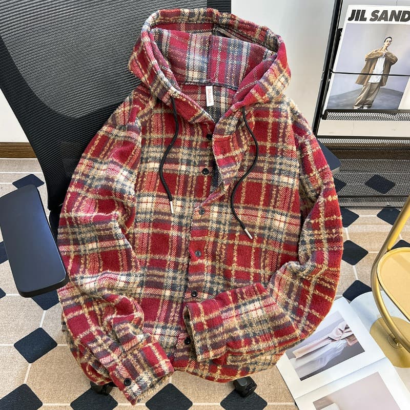 Retro plaid long-sleeved shirt men's American style hooded jacket trendy brand loose high street handsome casual top 4
