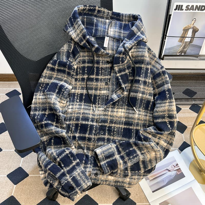 Retro plaid long-sleeved shirt men's American style hooded jacket trendy brand loose high street handsome casual top 5