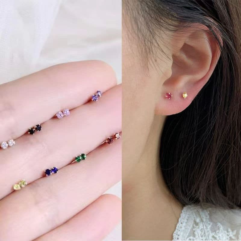 Mini 925-needle four-claw colored diamond, no need to pick out ear piercing ear sticks for sleeping, ins style ear bone exquisite earrings 4