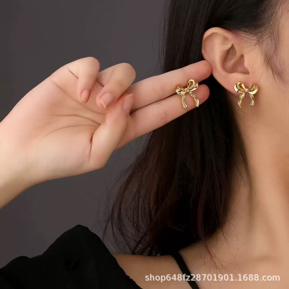 Ribbon Bow Stud Earrings Gold/Silver Women's Daily Wear Versatile Simple Simple Card High-end Stud Earrings 1