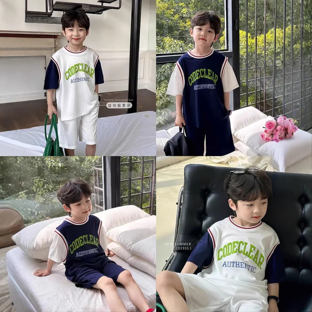 New boys sports suit summer short-sleeved basketball suit 2025 baby thin quick-drying fake two-piece basketball uniform 1