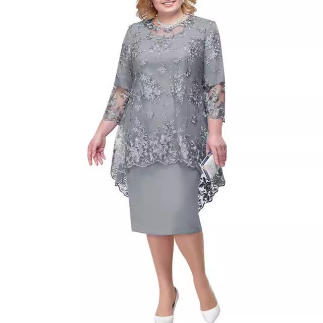 2024 European and American new dress plus size women's evening dress lace embroidered two-piece set temperament commuting slim skirt 6