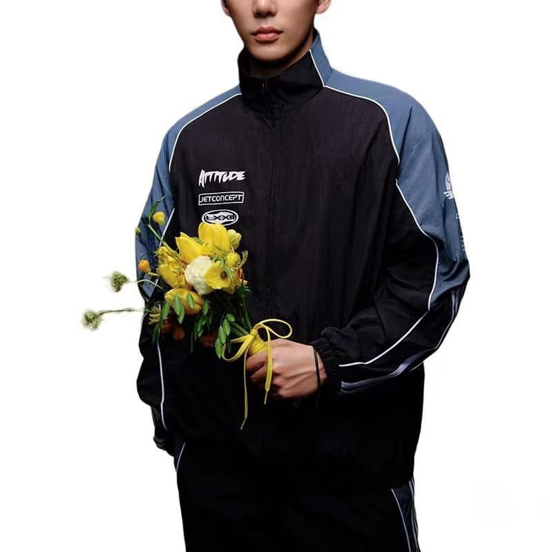 New foreign trade wholesale men's spring and autumn coat stand collar windbreaker loose woven windproof sports casual jacket embroidered 2