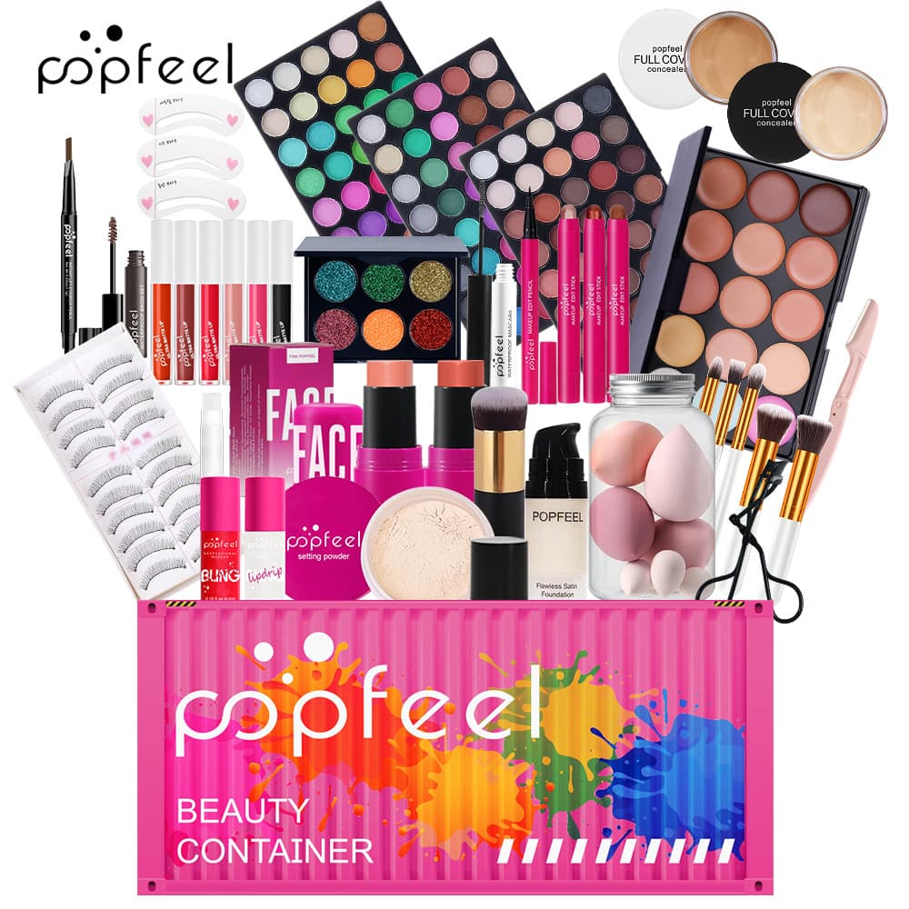 POPFEEL full set of women's cosmetics container-packed eye shadow, lip gloss, lipstick, foundation, puff and other makeup tools 8