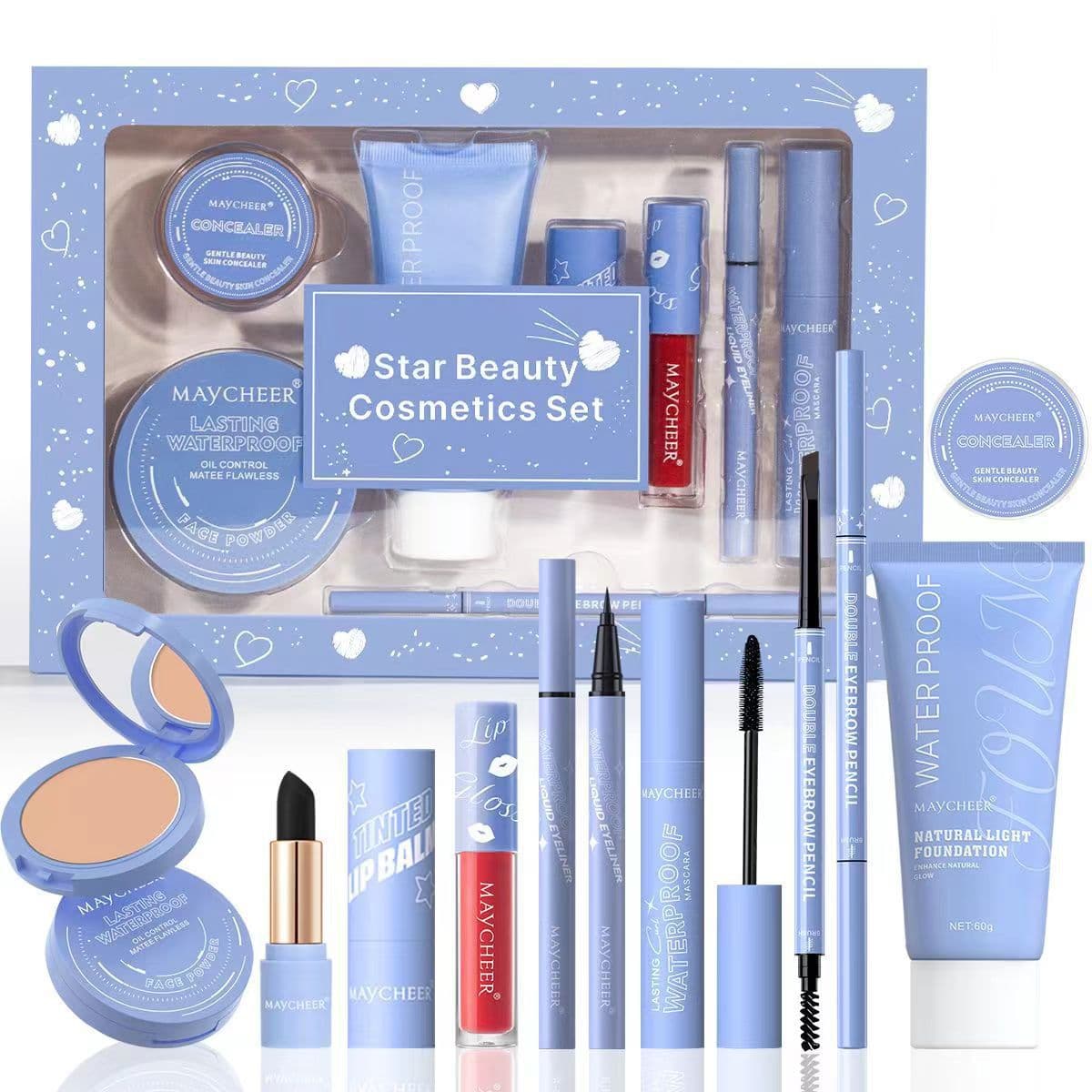 Cross-border hot-selling MAYCHEER heart-to-heart beauty set lipstick, lip glaze, eyeliner, eyebrow pencil, foundation and powder cake set 1