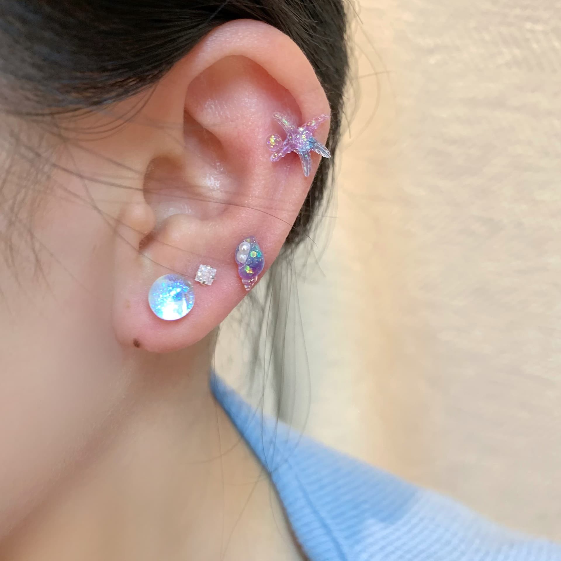 Blue and pink ocean series small earring set with temperament, geometric jade rabbit niche bow design and cute earrings 3