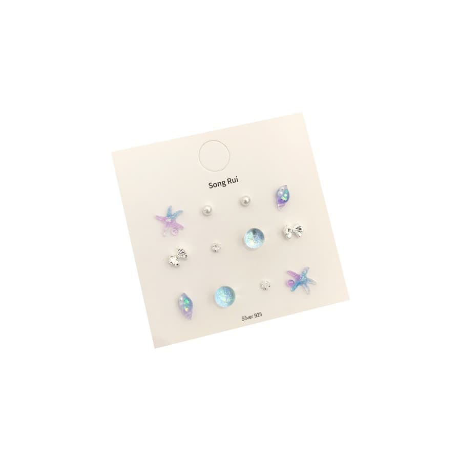 Blue and pink ocean series small earring set with temperament, geometric jade rabbit niche bow design and cute earrings 6