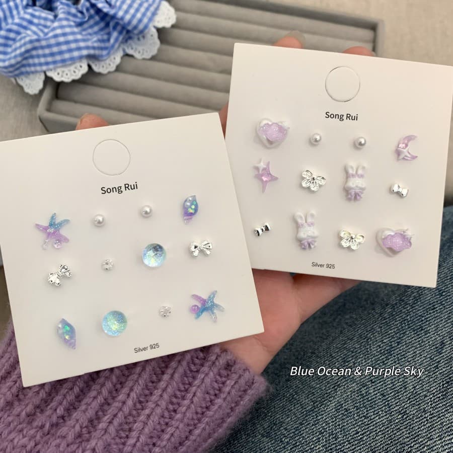 Blue and pink ocean series small earring set with temperament, geometric jade rabbit niche bow design and cute earrings