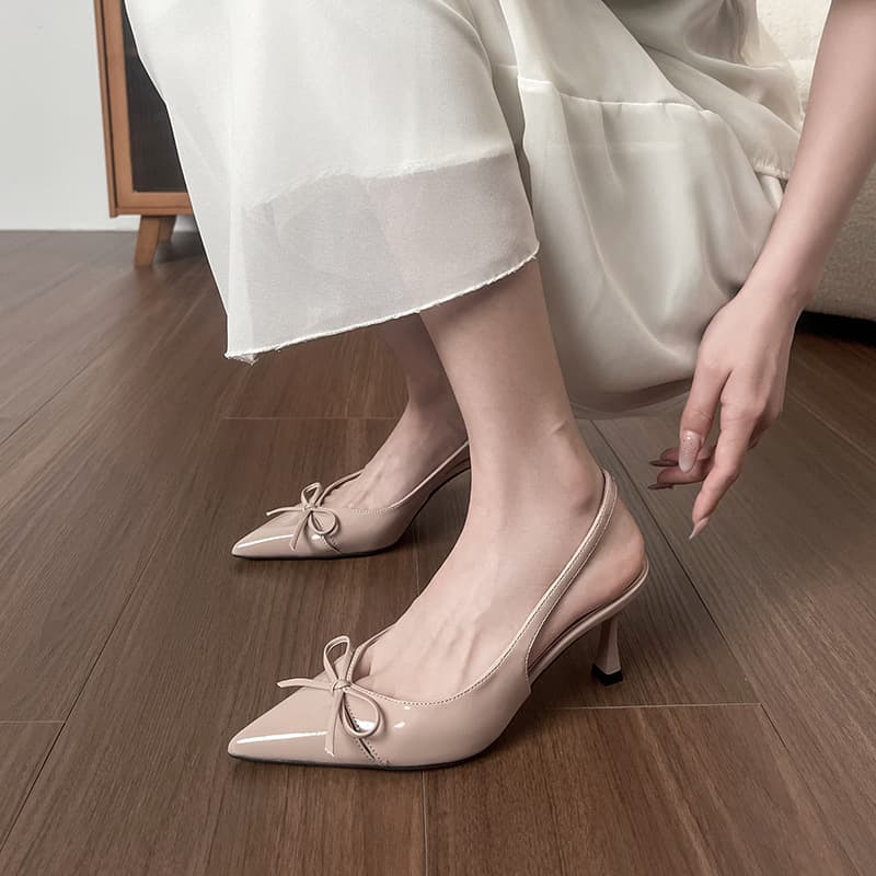 Cowhide version of nude pointed-toe bow shallow high-heeled shoes for women 2026 summer new one-strap sandals 1