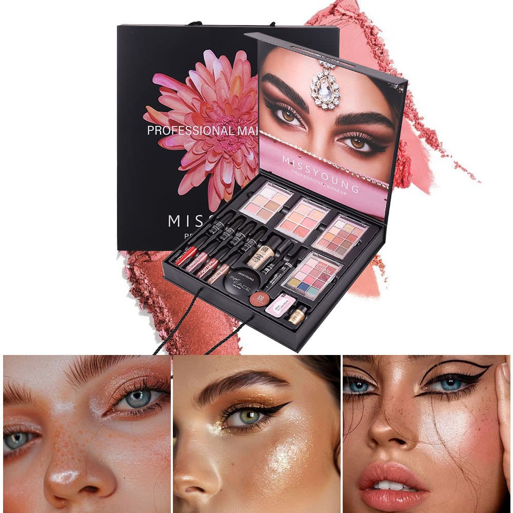 Popular cosmetics set, pearlescent fine eye shadow, natural powder, long-lasting liquid foundation, lipstick and lip gloss combination set 4