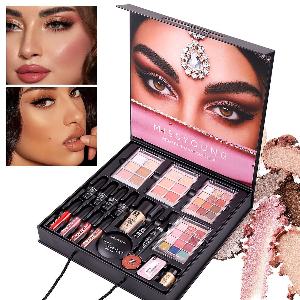 Popular cosmetics set, pearlescent fine eye shadow, natural powder, long-lasting liquid foundation, lipstick and lip gloss combination set 1