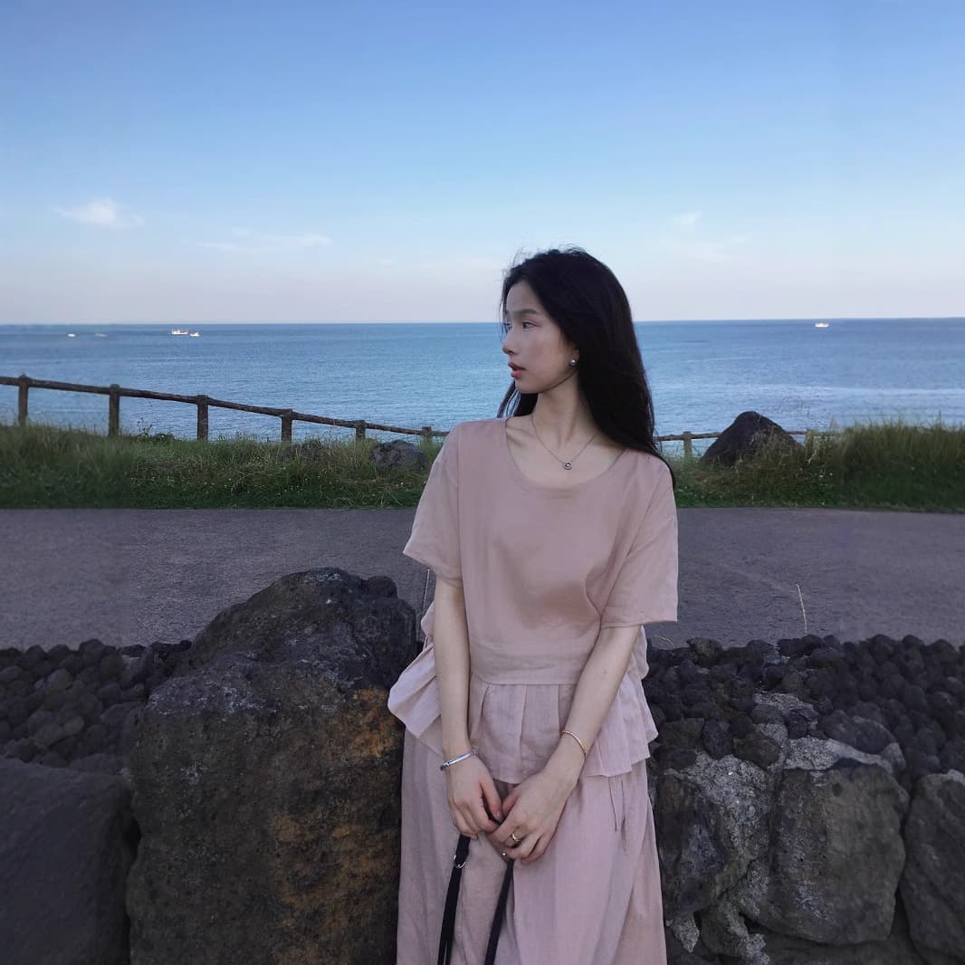 Summer two-piece pink ramie suit, gentle cotton and linen, lazy style, loose round neck, new top, women's skirt 3
