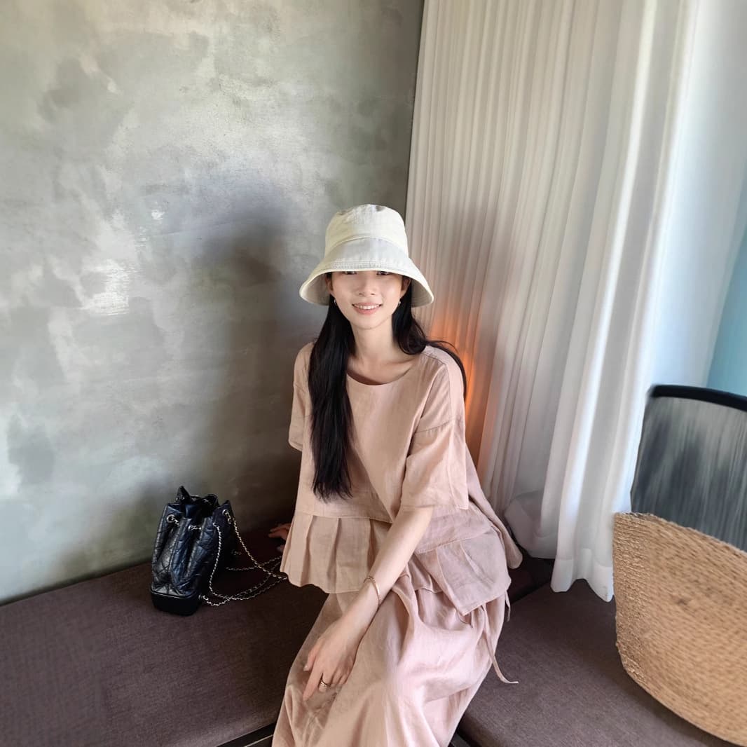 Summer two-piece pink ramie suit, gentle cotton and linen, lazy style, loose round neck, new top, women's skirt 5
