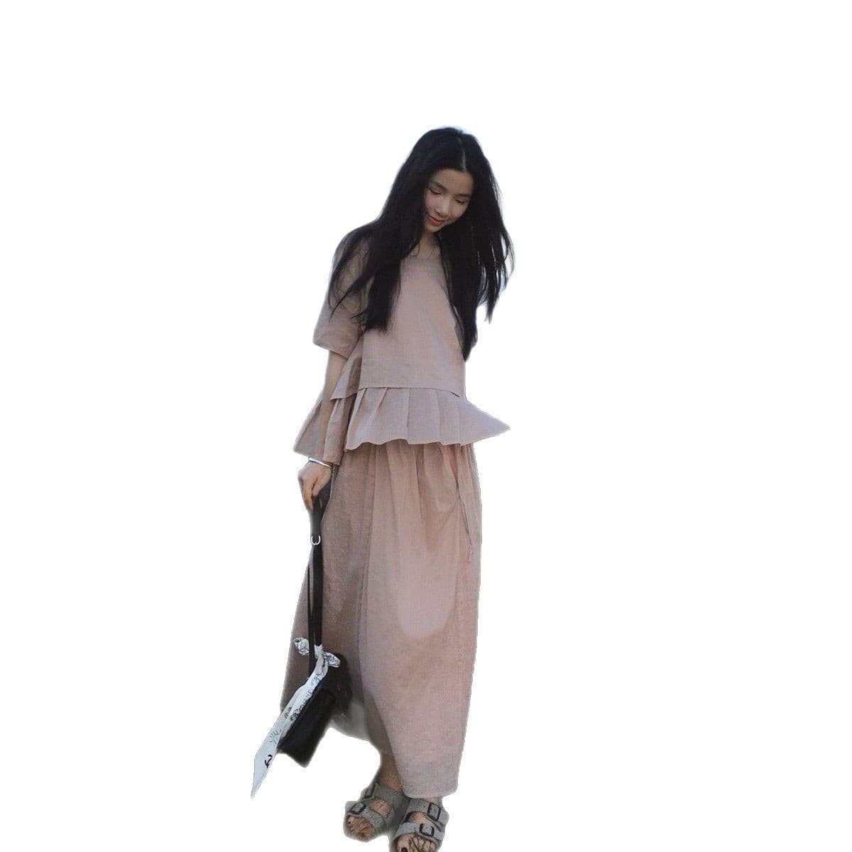 Summer two-piece pink ramie suit, gentle cotton and linen, lazy style, loose round neck, new top, women's skirt 6