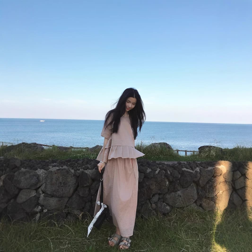 Summer two-piece pink ramie suit, gentle cotton and linen, lazy style, loose round neck, new top, women's skirt 1