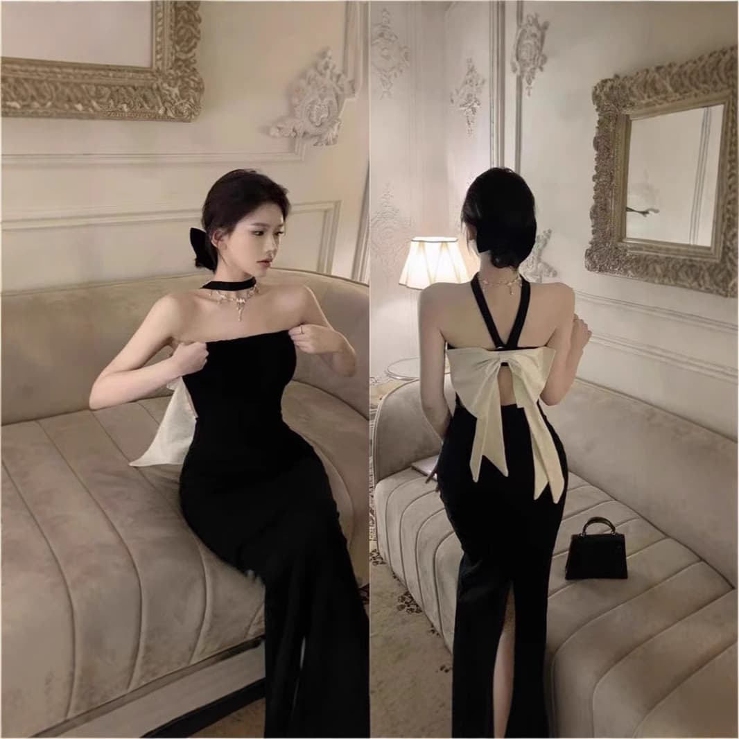 Birthday party dress, sexy dress, halter neck, backless bow, tube top dress, black waist-hugging hip skirt 2