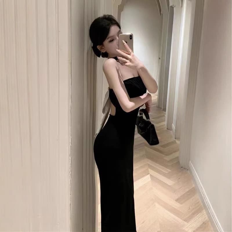 Birthday party dress, sexy dress, halter neck, backless bow, tube top dress, black waist-hugging hip skirt 3