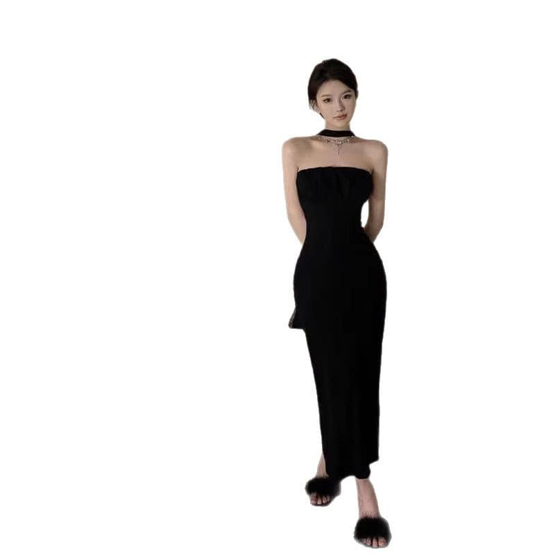 Birthday party dress, sexy dress, halter neck, backless bow, tube top dress, black waist-hugging hip skirt 6