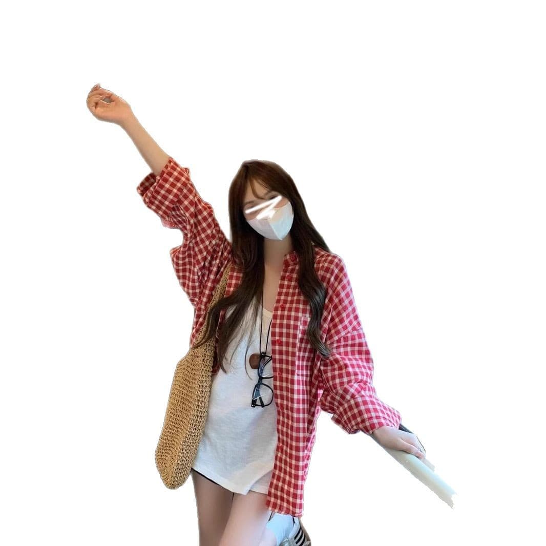 Korean summer new style plaid casual sun protection shirt jacket women's lazy and versatile loose cardigan mid-length shirt 6