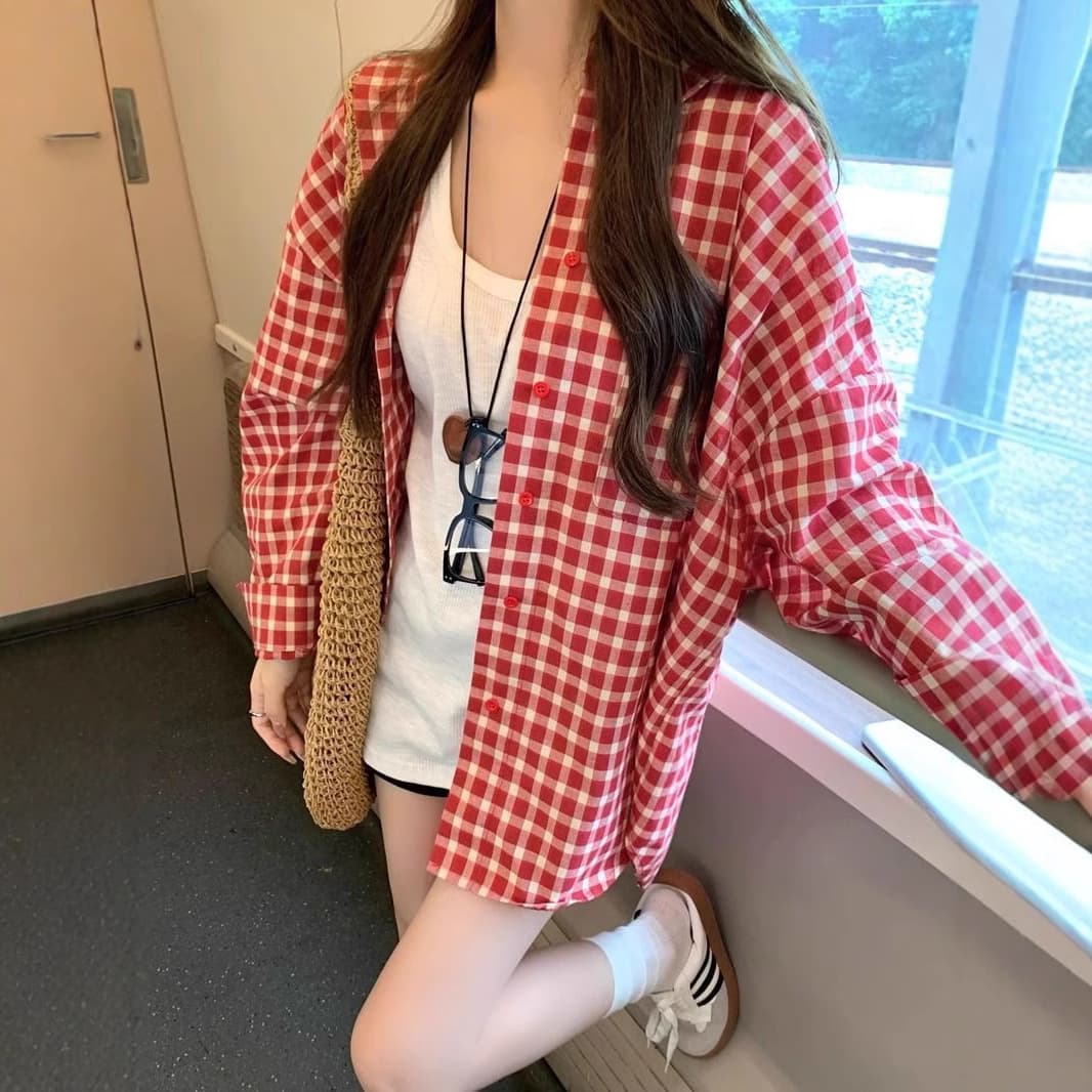 Korean summer new style plaid casual sun protection shirt jacket women's lazy and versatile loose cardigan mid-length shirt 1