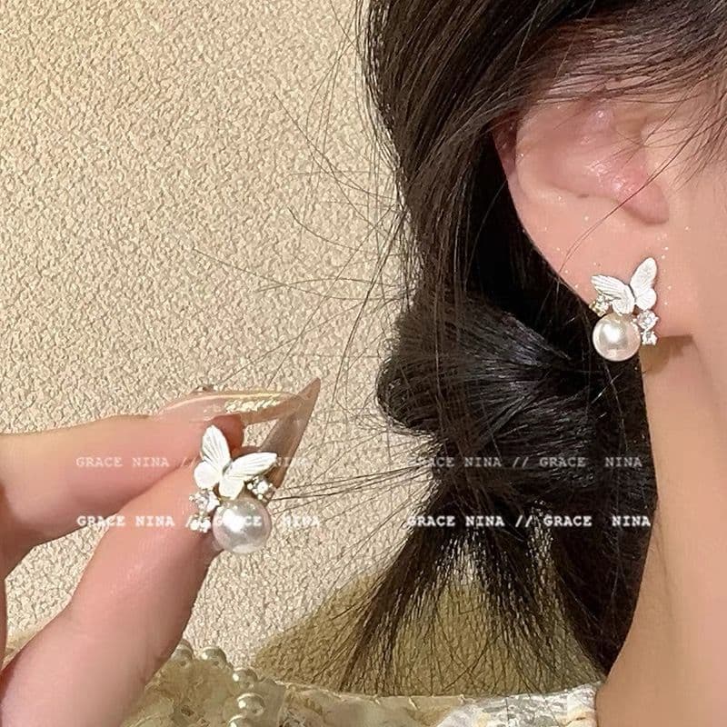 Dripping Glaze Butterfly Pearl Zircon Earrings White Fairy Versatile Earrings French Fashion Compact Literary Elegant New Style 2