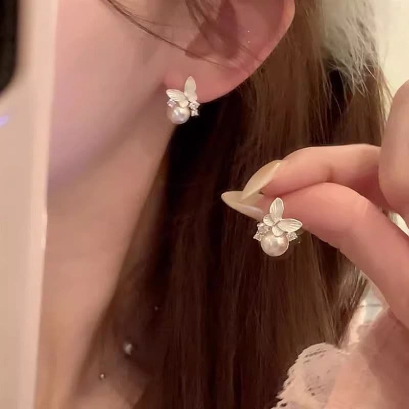 Dripping Glaze Butterfly Pearl Zircon Earrings White Fairy Versatile Earrings French Fashion Compact Literary Elegant New Style 4