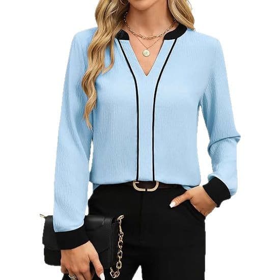 European and American Amazon Fashion Casual V Neck Color Block Business Casual Shirt Long Sleeve Work Shirt Fashion Clothing 6