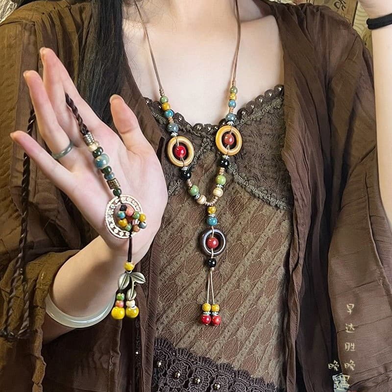 Bohemian style retro ceramic necklace women's new Chinese style exotic ethnic style high-end long sweater chain accessories 3