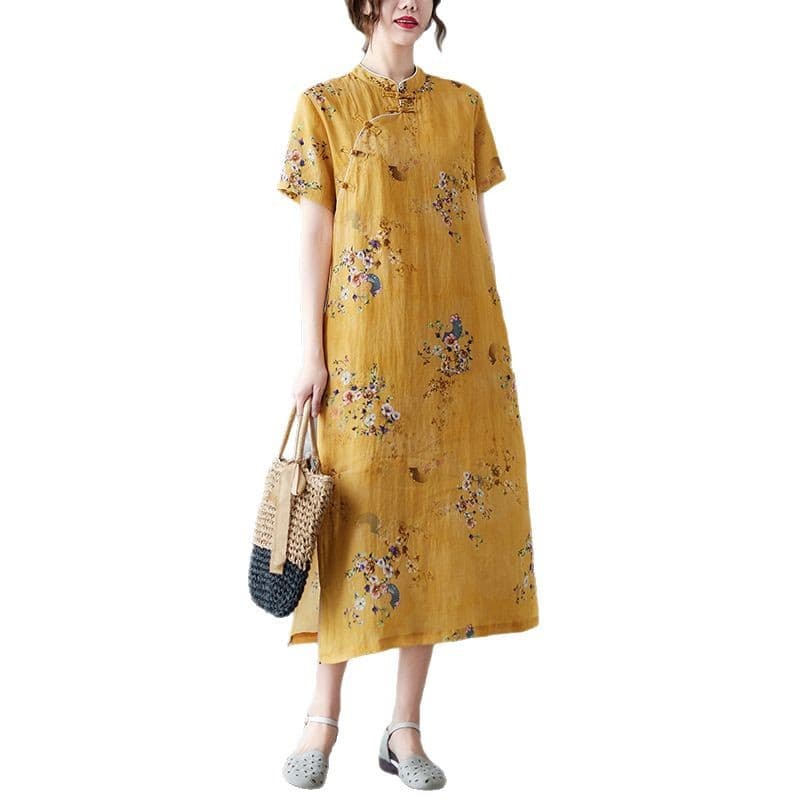 2025 spring and summer new style retro printed cheongsam, high-end cotton and linen buttoned short-sleeved Chinese dress 6