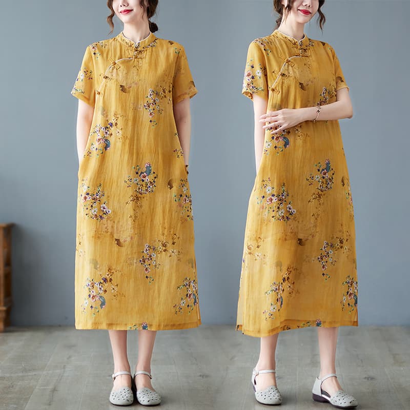 2025 spring and summer new style retro printed cheongsam, high-end cotton and linen buttoned short-sleeved Chinese dress