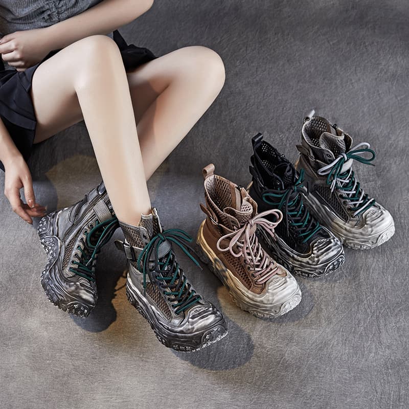 2025 summer new style cowhide sandals, round toe casual high-heeled women's shoes, breathable and comfortable high-top thick-soled sports style mesh boots 1