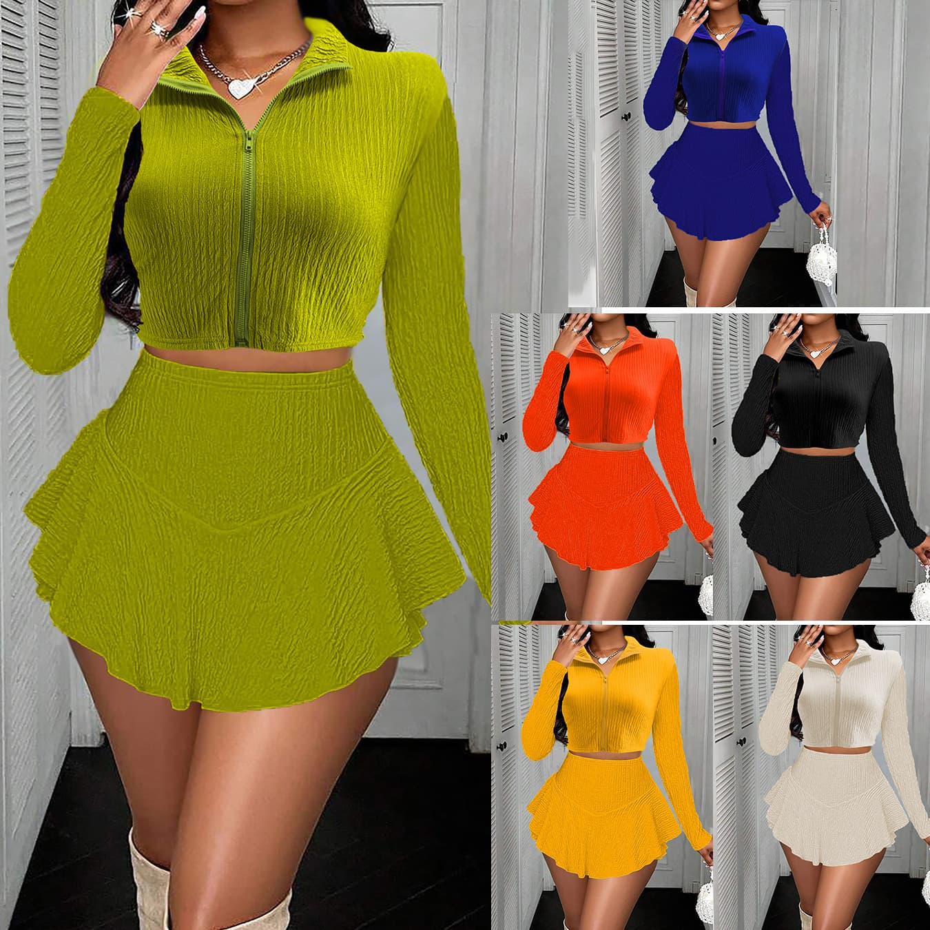 M3086 European and American cross-border women's solid color zipper short top two-piece set with ruffled pants and skirt suit 1
