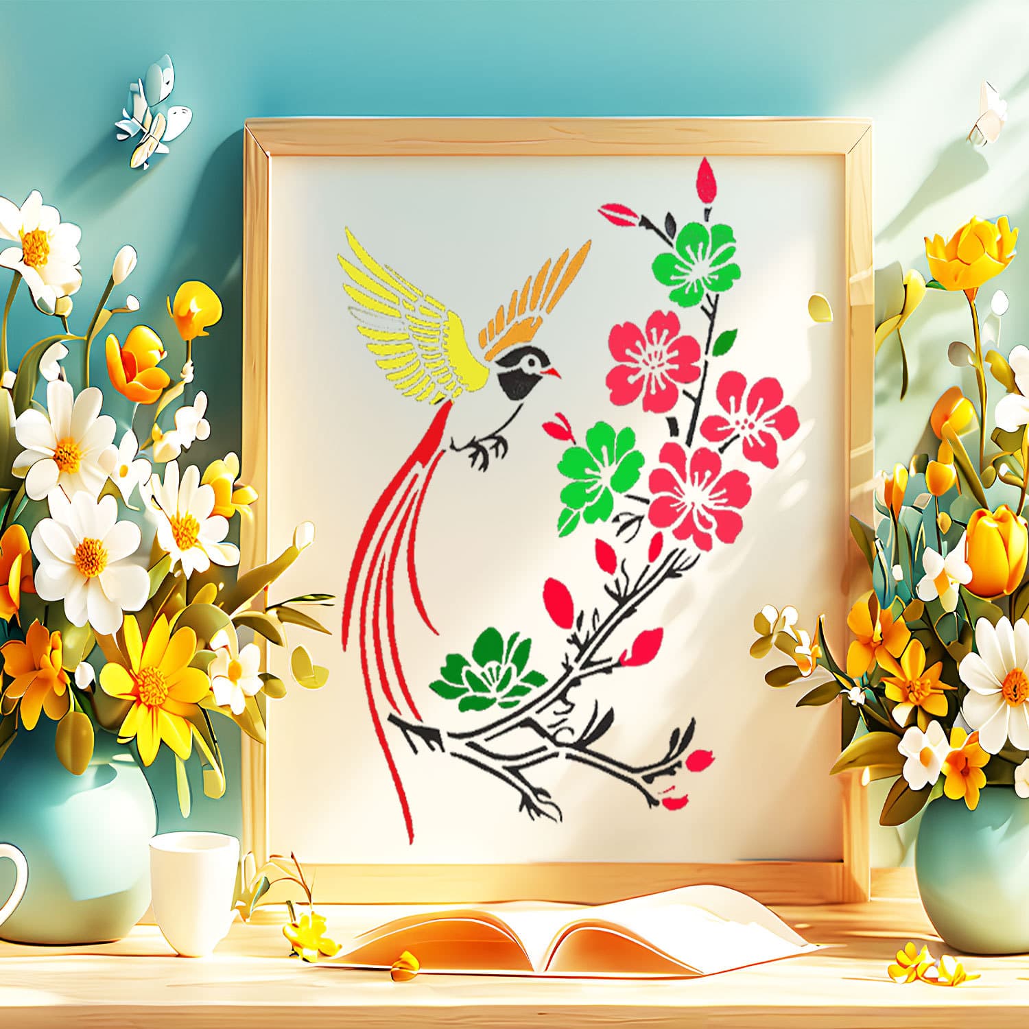 Cross-border flower and bird hollow template children's graffiti painting template student oil pastel board handwritten newspaper painting template wholesale 5