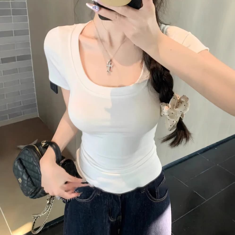 Tight-fitting T-shirt, right shoulder, large U-neck, high-quality bottoming shirt, spring and summer low-neck, short-sleeved, slim, versatile top for women 2
