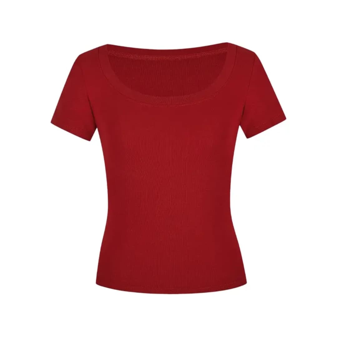 Tight-fitting T-shirt, right shoulder, large U-neck, high-quality bottoming shirt, spring and summer low-neck, short-sleeved, slim, versatile top for women 8