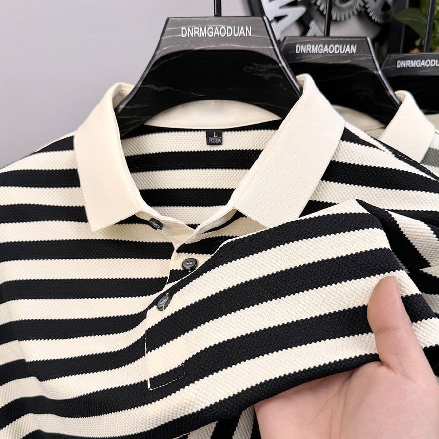 2025 new striped light luxury casual men's short-sleeved lapel POLO summer trendy men's high-end shirt t-shirt 1